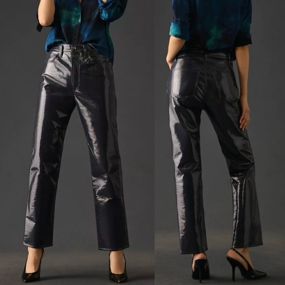 AGOLDE Recycled Leather 90's Pinch Waist Pants in Shadow Patent Black